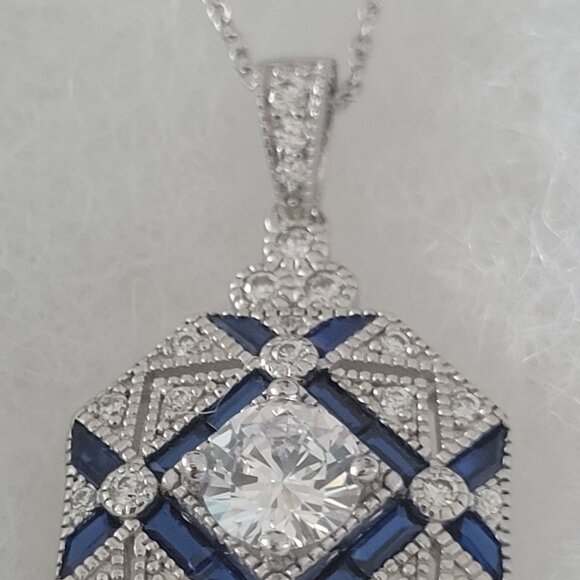 NWT-Silver Sapphire CZ Necklace-Silver 16" Chain Beautiful Piece! -Read Descript - Picture 8 of 9